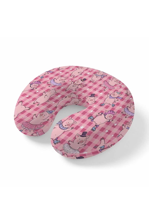 Neck Pillow Cute Cartoon Pig Pink Buffalo Plaid Travel Pillow Memory Foam U Shaped Pillows, Happy Children's Day Travel Neck Pillows for Airplane Car Office Home Sleeping Rest