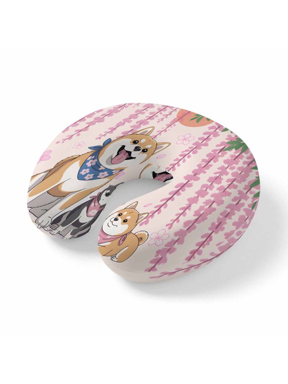 Neck Pillow Cute Dog Pink Flower Cherry Blossom Travel Pillow Memory Foam U Shaped Pillows, Green Leaves Sun Travel Neck Pillows for Airplane Car Office Home Sleeping Rest