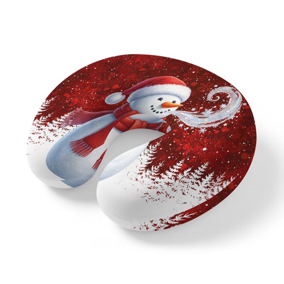 Neck Pillow Cute Snowman Christmas Tree Travel Pillow Memory Foam U Shaped Pillows, Winter Snow Burgundy Red Travel Neck Pillows for Airplane Car Office Home Sleeping Rest