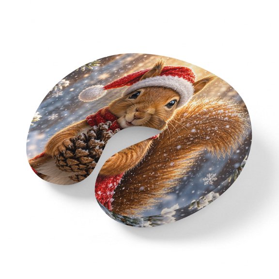 Neck Pillow Cute Squirrel Christmas Tree Travel Pillow Memory Foam U Shaped Pillows, Country Winter Snowflake Travel Neck Pillows for Airplane Car Office Home Sleeping Rest