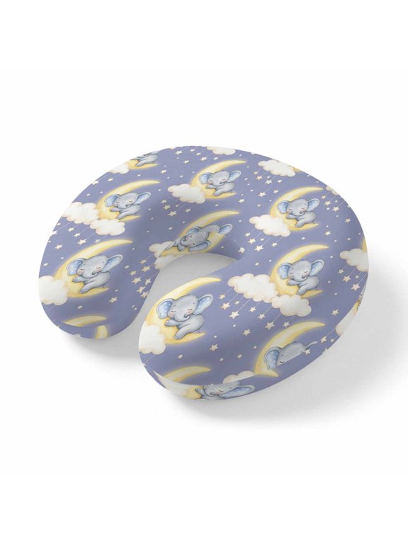 Neck Pillow Dreamy Baby Elephants Sleeping on Purple Travel Pillow Memory Foam U Shaped Pillows, Moons Stars Travel Neck Pillows for Airplane Car Office Home Sleeping Rest