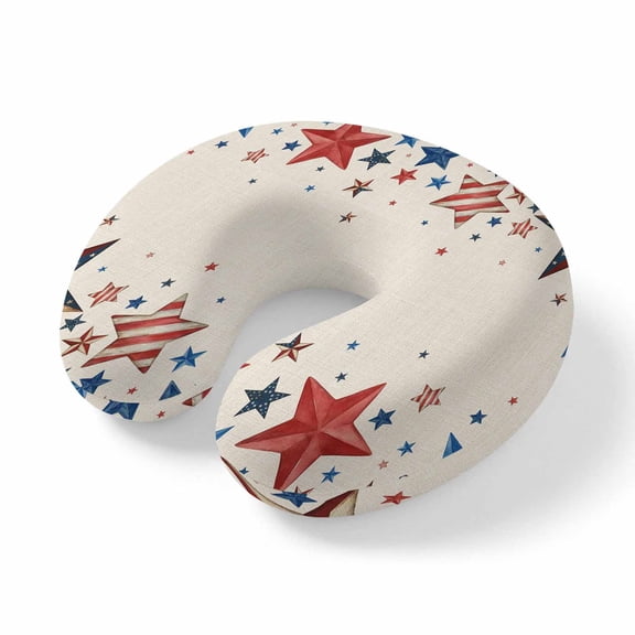 Neck Pillow Ergonomic Memory Foam U Shaped Pillows,4th of July Red Blue Star Soft Portable Neck Head Support Cushion Pillow for Travel Airplane Car Office Use,Independence Day USA Flag Retro Linen