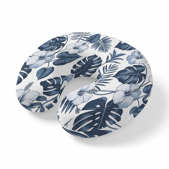 Neck Pillow Ergonomic Memory Foam U Shaped Pillows,Blue Flower Tropical Palm Leaves Soft Portable Neck Head Support Cushion Pillow for Travel Airplane Car Office Use,Hawaiian Plant Branch
