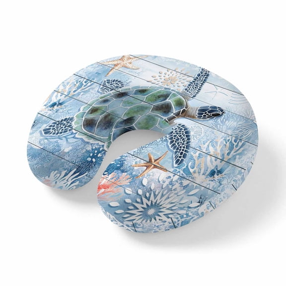 Neck Pillow Ergonomic Memory Foam U Shaped Pillows,Blue Sea Turtle Starfish Blue Coral Soft Portable Neck Head Support Cushion Pillow for Travel Airplane Car Office Use,Summer Coastal Nautical Theme