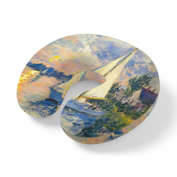 Neck Pillow Ergonomic Memory Foam U Shaped Pillows,Coastal Ocean Sailboat Soft Portable Neck Head Support Cushion Pillow for Travel Airplane Car Office Use,Nautical Theme Oil Painting Art
