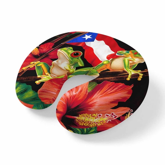 Neck Pillow Ergonomic Memory Foam U Shaped Pillows,Country Red Flowers Frog Soft Portable Neck Head Support Cushion Pillow for Travel Airplane Car Office Use,Puerto Rico Flag