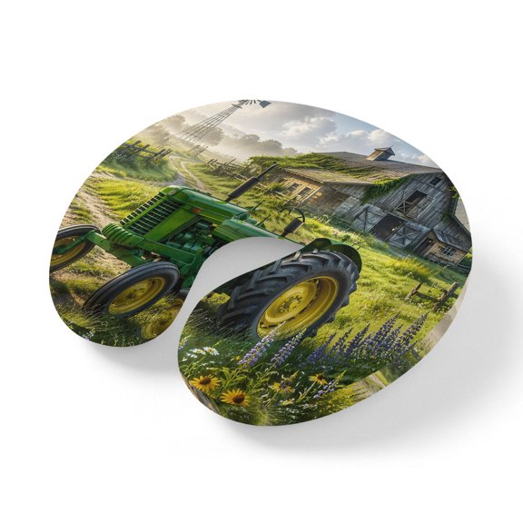Neck Pillow Ergonomic Memory Foam U Shaped Pillows,Farm Green Tractor Soft Portable Neck Head Support Cushion Pillow for Travel Airplane Car Office Use,Retro Old Barn Windmill