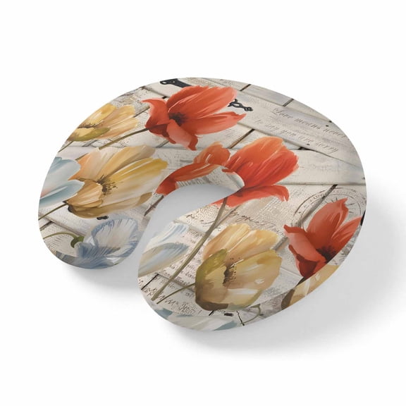 Neck Pillow Ergonomic Memory Foam U Shaped Pillows,Ombre Red Yellow Tulip Barn Door Soft Portable Neck Head Support Cushion Pillow for Travel Airplane Car Office Use,Country Wooden Plank