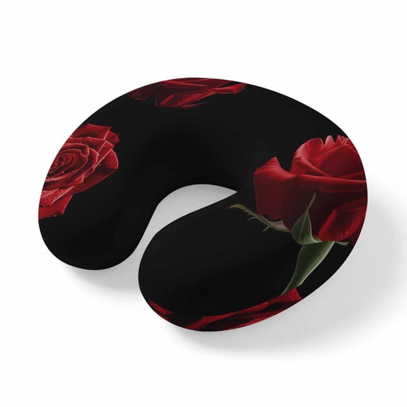 Neck Pillow Ergonomic Memory Foam U Shaped Pillows,Red Rose Flower Still Life Soft Portable Neck Head Support Cushion Pillow for Travel Airplane Car Office Use,Black