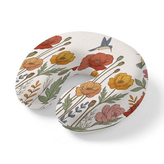 Neck Pillow Ergonomic Memory Foam U Shaped Pillows,Red Yellow Pink Flowers Soft Portable Neck Head Support Cushion Pillow for Travel Airplane Car Office Use,Country Birds Floral Art