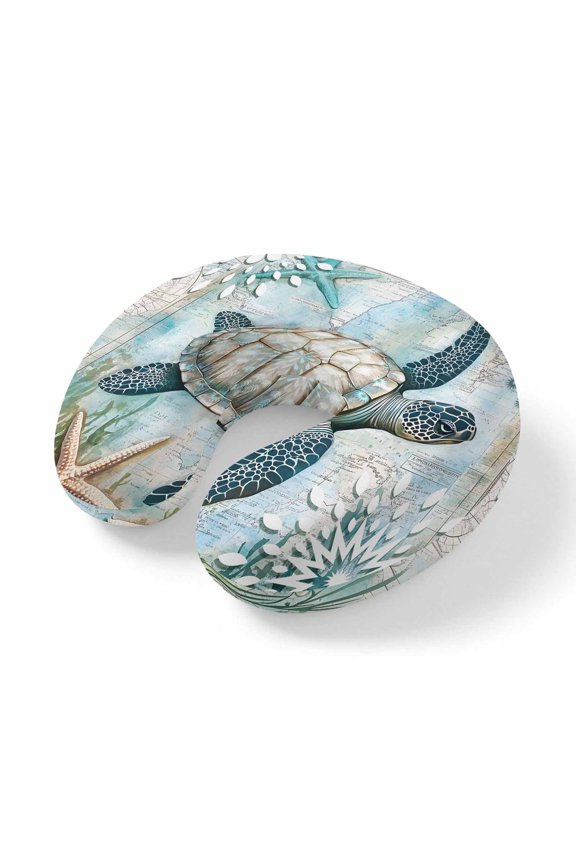 Neck Pillow Ergonomic Memory Foam U Shaped Pillows,Sea Turtle Ocean Starfish Coral Soft Portable Neck Head Support Cushion Pillow for Travel Airplane Car Office Use,Vintage Map Blue Ocean World