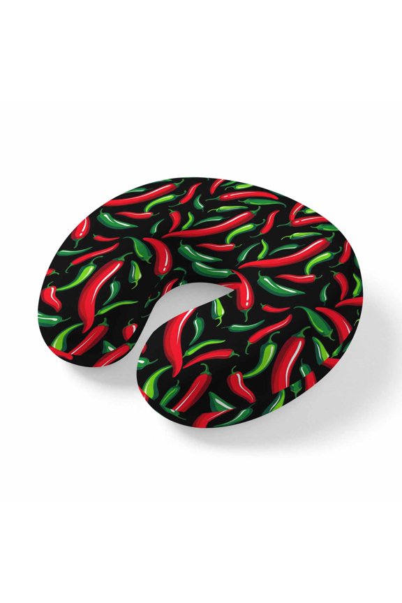 Neck Pillow Ergonomic Memory Foam U Shaped Pillows,Spicy Chili Pepper Pattern Soft Portable Neck Head Support Cushion Pillow for Travel Airplane Car Office Use,Red Green Peppers on Black