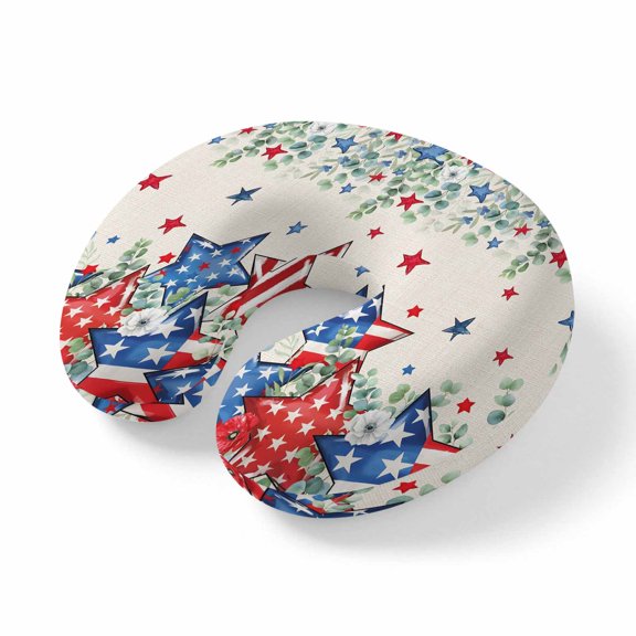 Neck Pillow Ergonomic Memory Foam U Shaped Pillows,USA Flag Independence Day Soft Portable Neck Head Support Cushion Pillow for Travel Airplane Car Office Use,Memorial Day Eucalyptus Star