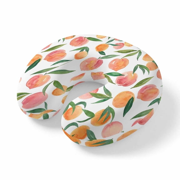 Neck Pillow Ergonomic Memory Foam U Shaped Pillows,Watercolor Peaches Green Leaves Soft Portable Neck Head Support Cushion Pillow for Travel Airplane Car Office Use,Spring Botanical Plant