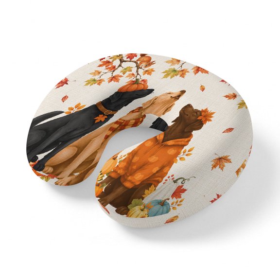 Neck Pillow Farmhouse Dogs Squirrel Travel Pillow Memory Foam U Shaped Pillows, Fall Maple Leaf Pumpkin Retro Linen Travel Neck Pillows for Airplane Car Office Home Sleeping Rest