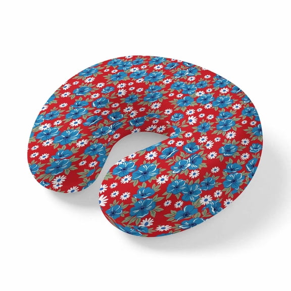 Neck Pillow Farmhouse Flower Leaf on Red Travel Pillow Memory Foam U Shaped Pillows, Summer Pastoral Plant Seamless Travel Neck Pillows for Airplane Car Office Home Sleeping Rest