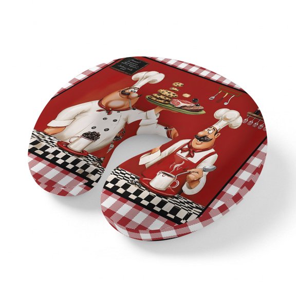 Neck Pillow, Fat Chefs Memory Foam U-Shaped Travel Pillow for Airplane Car Train Office Nap, Portable Soft Head Neck Support for Sleeping & Reclining Funny Kitchen Cooking Red Buffalo Plaid