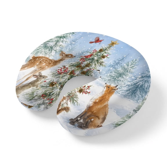 Neck Pillow Forest Elk Rabbit Fox Squirrel Travel Pillow Memory Foam U Shaped Pillows, Christmas Tree Berry Pinecone Travel Neck Pillows for Airplane Car Office Home Sleeping Rest