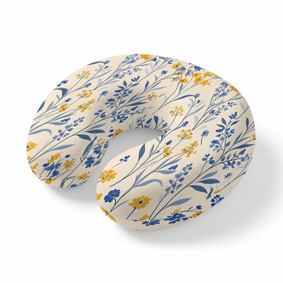Neck Pillow, Garden Flora Illustrations Memory Foam U-Shaped Travel Pillow for Airplane Car Train Office Nap, Portable Soft Head Neck Support for Sleeping & Reclining Blue Yellow Flowers