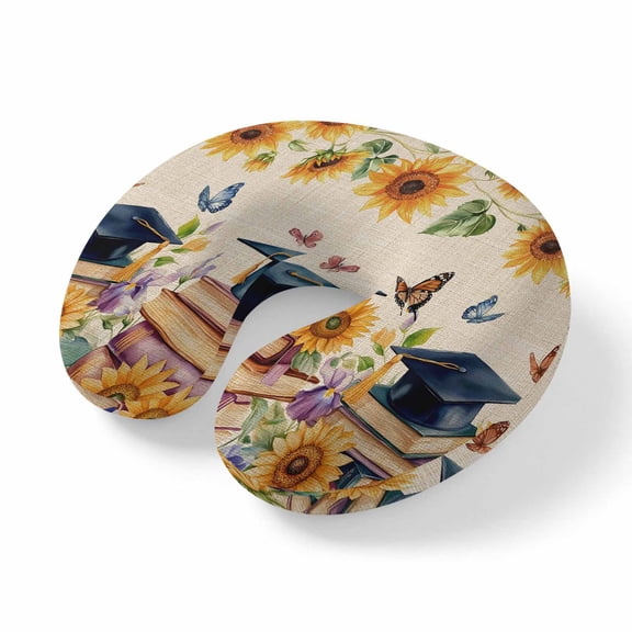Neck Pillow Graduation Cap on Retro Linen Travel Pillow Memory Foam U Shaped Pillows, Farm Sunflowers Butterfly Travel Neck Pillows for Airplane Car Office Home Sleeping Rest