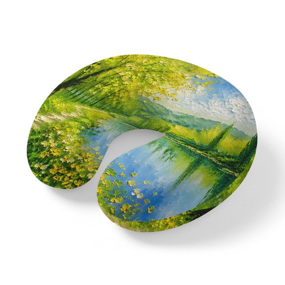 Neck Pillow, Grassy Path Memory Foam U-Shaped Travel Pillow for Airplane Car Train, Portable Soft Head Neck Support for Sleeping & Reclining Rustic River Wildflowers Trees Retro Oil Painting
