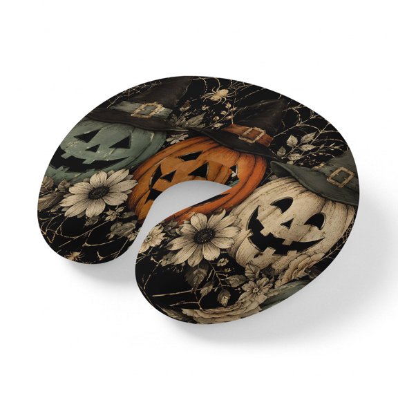 Neck Pillow, Halloween Memory Foam U-Shaped Travel Pillow for Airplane Car Train Office Nap, Portable Soft Head Neck Support for Sleeping & Reclining Evil Pumpkins Daisy Flowers Horrible Webs