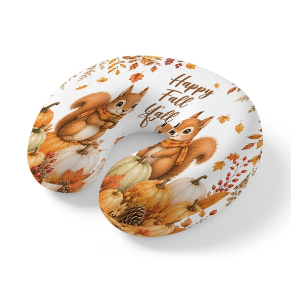 Neck Pillow Happy Fall Y'all Words Squirrel Travel Pillow Memory Foam U Shaped Pillows, Thanksgiving Pumpkins Travel Neck Pillows for Airplane Car Office Home Sleeping Rest