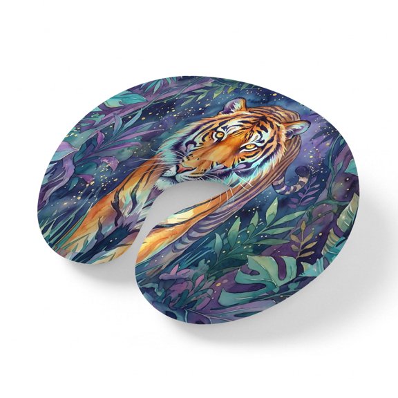 Neck Pillow Jungle Animals Tiger Travel Pillow Memory Foam U Shaped Pillows, Watercolor Tropical Leaves Travel Neck Pillows for Airplane Car Office Home Sleeping Rest