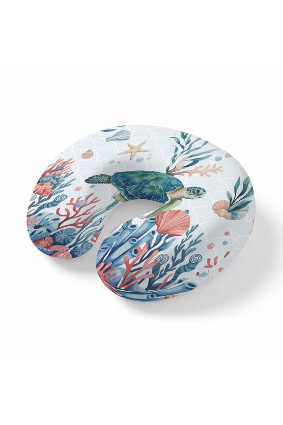 Neck Pillow Marine Life Sea Turtles Travel Pillow Memory Foam U Shaped Pillows, Blue Pink Corals Travel Neck Pillows for Airplane Car Office Home Sleeping Rest