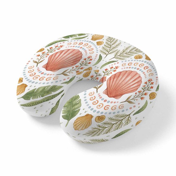 Neck Pillow Marine Shell Flower Leaves Travel Pillow Memory Foam U Shaped Pillows, Watercolor Ocean Conch Plant Travel Neck Pillows for Airplane Car Office Home Sleeping Rest