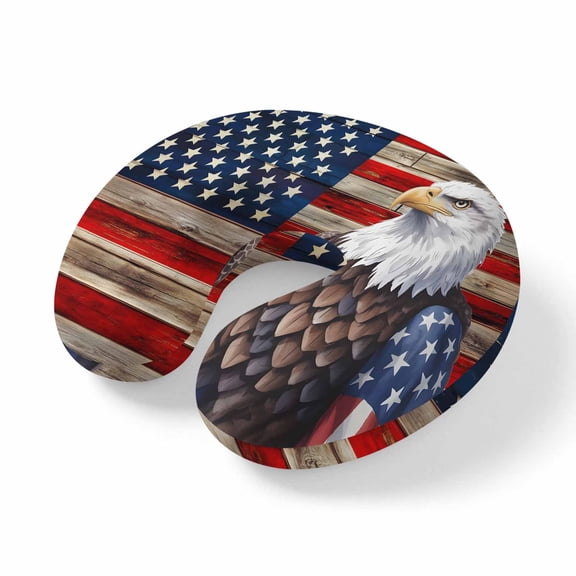 Neck Pillow Memory Foam, American Flag Soft Breathable U-Shaped Travel Pillows, Vintage Eagle Blue Red USA Flag Lightweight Ergonomic Neck Support Cushion for Home Office Airplane 11.4"x11.4"x3.9"