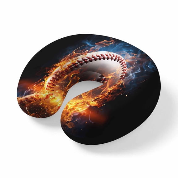 Neck Pillow Memory Foam, Baseball Soft Breathable U-Shaped Travel Pillows, Sports Theme Gradient Orange Blue Black Lightweight Ergonomic Neck Support Cushion for Home Office Airplane 11.4"x11.4"x3.9"