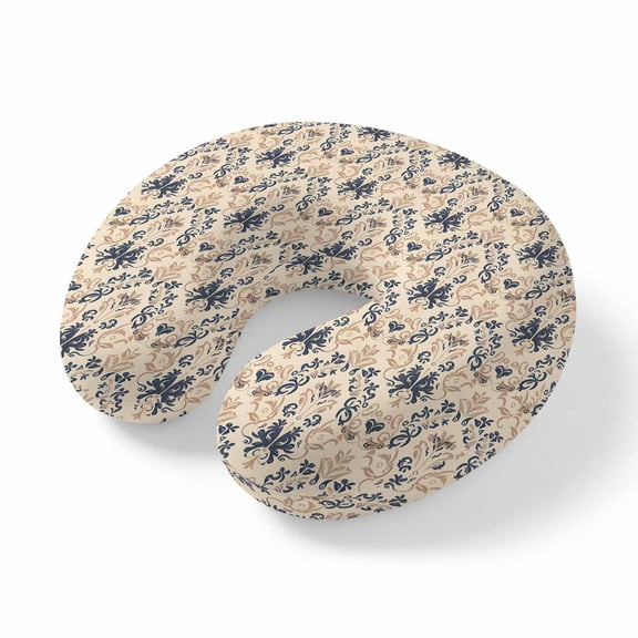 Neck Pillow Memory Foam, Beige Baroque Soft Breathable U-Shaped Travel Pillows, Vintage European Floral Pattern Lightweight Ergonomic Neck Support Cushion for Home Office Airplane 11.4"x11.4"x3.9"