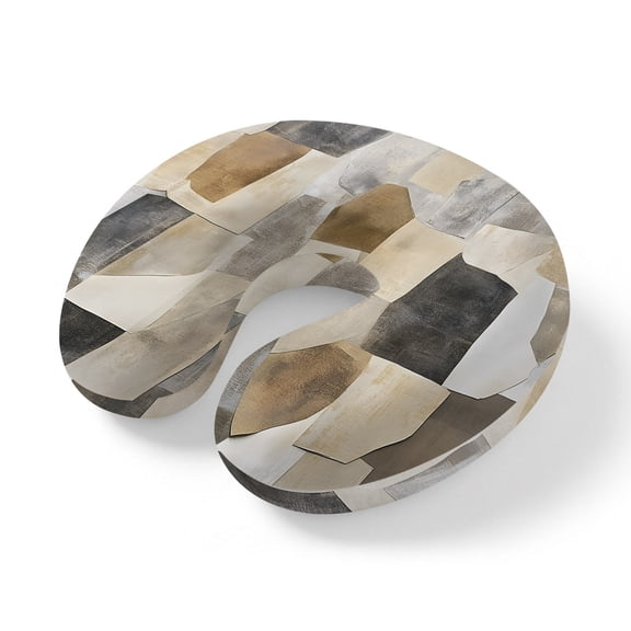 Neck Pillow Memory Foam, Black Brown Color Blocks Soft Breathable U-Shaped Travel Pillows, Abstract Geometric Art Lightweight Ergonomic Neck Support Cushion for Home Office Airplane 11.4"x11.4"x3.9"