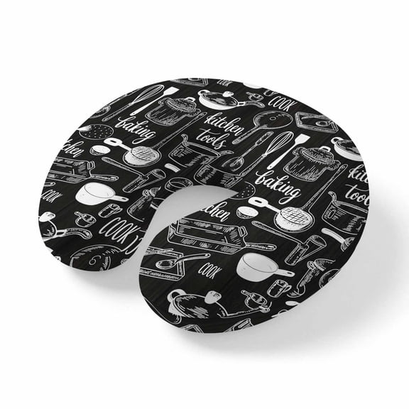 Neck Pillow Memory Foam, Black Kitchenware Soft Breathable U-Shaped Travel Pillows, Modern Funny Cook Tools Spoons Forks Lightweight Ergonomic Neck Support Cushion for Home Office Airplane