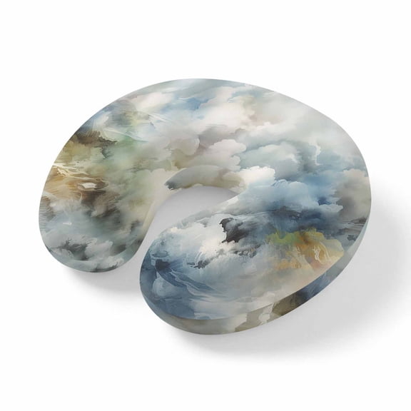 Neck Pillow Memory Foam,Blue White Ombre Breathable U-Shaped Travel Pillows,Watercolor Cloud Geometric Abstract Art Lightweight Ergonomic Neck Support Cushion for Office Airplane 11.4"x11.4"x3.9"