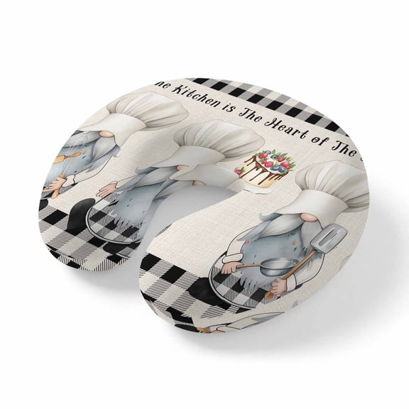 Neck Pillow Memory Foam,Chef Gnomes Soft Breathable U-Shaped Travel Pillows,Black Grey Plaid Cake Cook Dessert Burlap Lightweight Ergonomic Neck Support Cushion for Office Airplane 11.4"x11.4"x3.9"