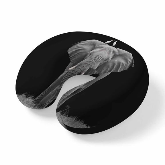 Neck Pillow Memory Foam, Elephant Bird Soft Breathable U-Shaped Travel Pillows, Modern Pastoral Animal Black Grey Lightweight Ergonomic Neck Support Cushion for Home Office Airplane 11.4"x11.4"x3.9"