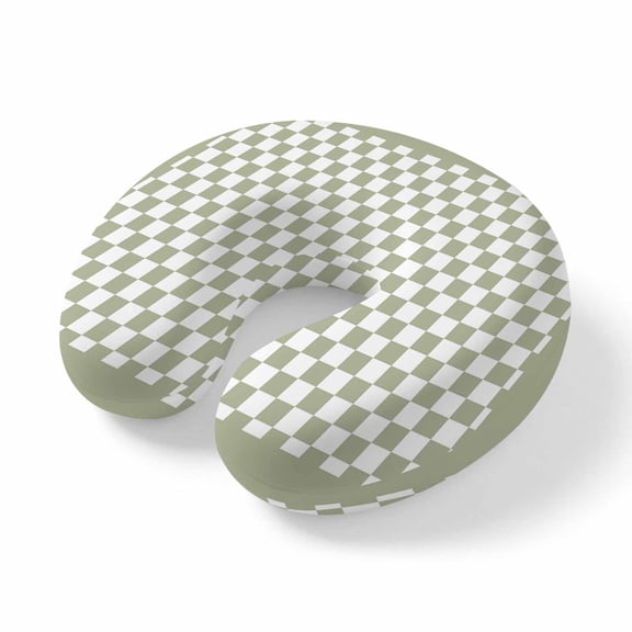 Neck Pillow Memory Foam,Sage Green Plaid Soft Breathable U-Shaped Travel Pillows,Farmhouse Green White Checkered Lace Lightweight Ergonomic Neck Support Cushion for Office Airplane 11.4"x11.4"x3.9"