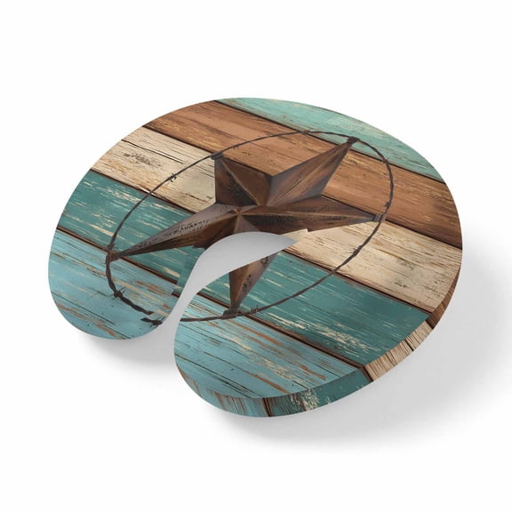 Neck Pillow Memory Foam,Teal Brown Soft Breathable U-Shaped Travel Pillows,Country Texas Star Farmhouse Barn Door Wood Lightweight Ergonomic Neck Support Cushion for Office Airplane 11.4"x11.4"x3.9"