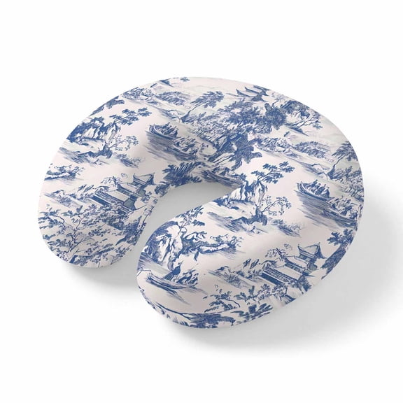 Neck Pillow Memory Foam U Shaped Pillows,Blue Chinoiserie Garden Pavilion Soft Portable Neck Head Support Cushion Pillow for Travel Airplane Car Office Use,Asian Scenic Hill Boat Plant