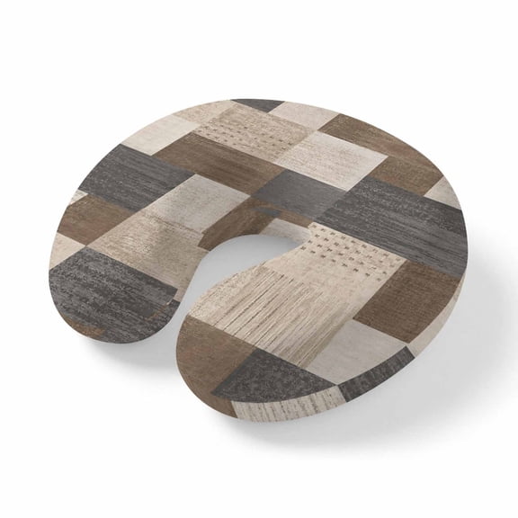 Neck Pillow Memory Foam U Shaped Pillows,Gray Brown Patchwork Blocks Soft Portable Neck Head Support Cushion Pillow for Travel Airplane Car Office Use,Geometric Plaid