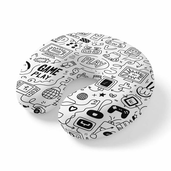 Neck Pillow Memory Foam,Video Game Soft Breathable U-Shaped Travel Pillows,Black White Game Controller Monochrome Lightweight Ergonomic Neck Support Cushion for Office Airplane 11.4"x11.4"x3.9"