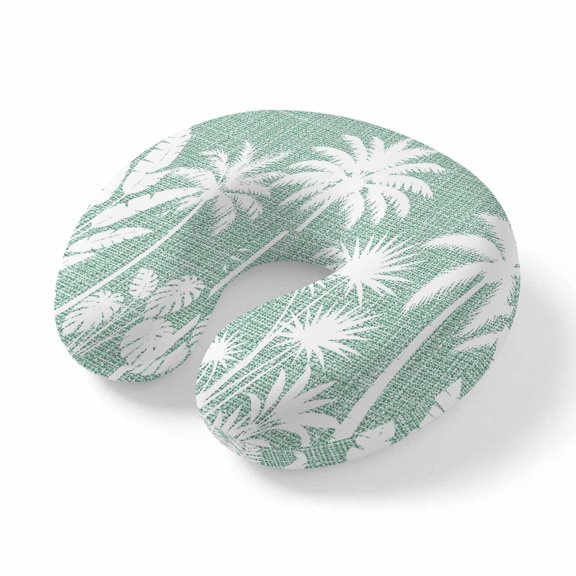 Neck Pillow, Mint Green Palm Trees Memory Foam U-Shaped Travel Pillow for Airplane Car Train Office Nap, Portable Soft Head Neck Support for Sleeping & Reclining Tropical Retro Summer Botanical