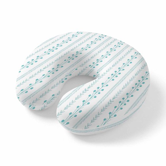 Neck Pillow, Mint Green Striped Memory Foam U-Shaped Travel Pillow for Airplane Car Train Office Nap, Portable Soft Head Neck Support for Sleeping & Reclining Spring Flowers Plants Lines Pattern