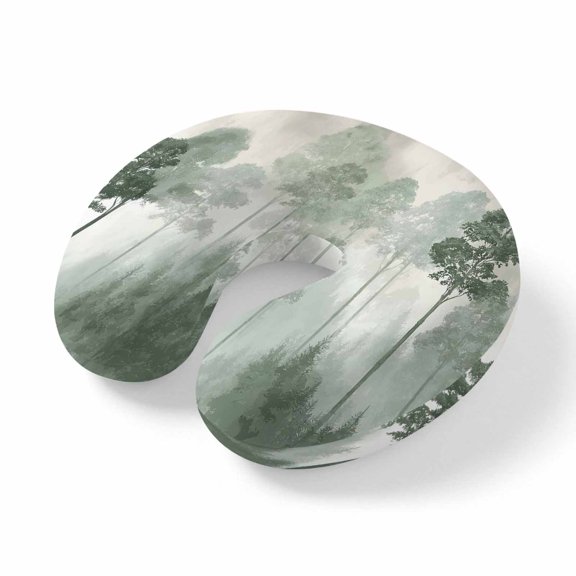 Neck Pillow Modern Natural Pine Trees Travel Pillow Memory Foam U Shaped Pillows, Green Plant Misty Forest Travel Neck Pillows for Airplane Car Office Home Sleeping Rest