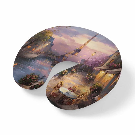 Neck Pillow Modern Paris Riverfront View Travel Pillow Memory Foam U Shaped Pillows, Oil Painting Impressionist Art Travel Neck Pillows for Airplane Car Office Home Sleeping Rest