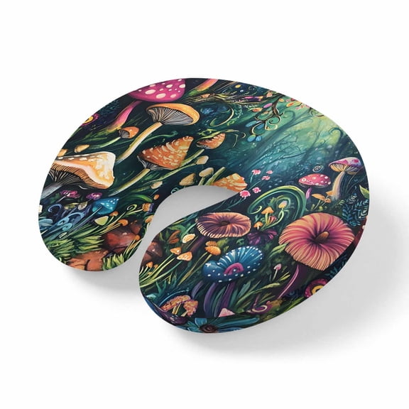 Neck Pillow, Mushroom Memory Foam U-Shaped Travel Pillow for Airplane Car Train Office Nap, Portable Soft Head Neck Support for Sleeping & Reclining Dream Forest Botanical Floral Plant