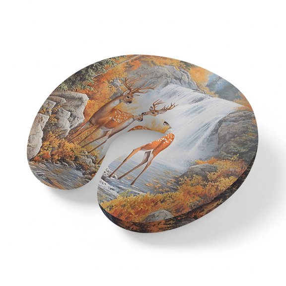 Neck Pillow Natural Forest Waterfall Antlers Travel Pillow Memory Foam U Shaped Pillows, Watercolor River Tree Rock Travel Neck Pillows for Airplane Car Office Home Sleeping Rest