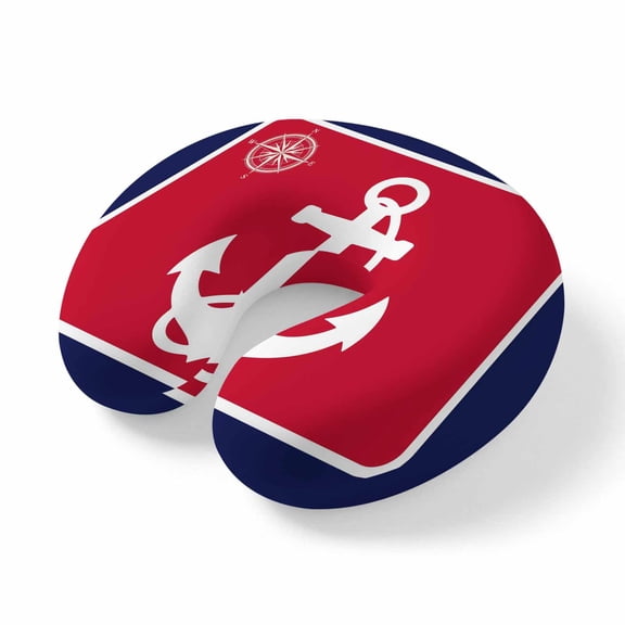 Neck Pillow Nautical Anchor Compass Marine Theme Travel Pillow Memory Foam U Shaped Pillows, Red Blue White Travel Neck Pillows for Airplane Car Office Home Sleeping Rest